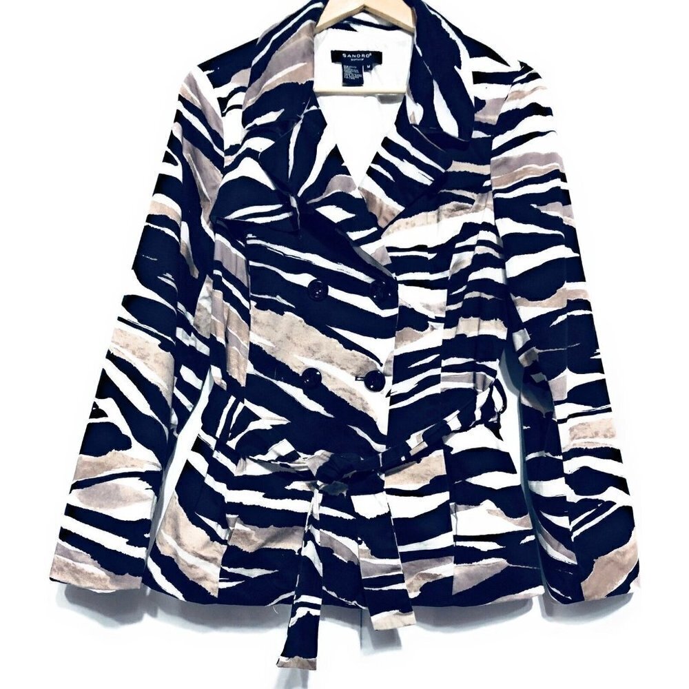 Sandro Sportswear Short Trench Coat Womens Medium Animal Print Belted Pockets